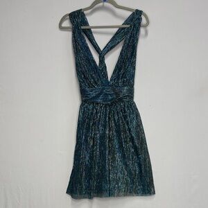 Lulu's Teal Shimmer V-Neck Pleated Mini Dress